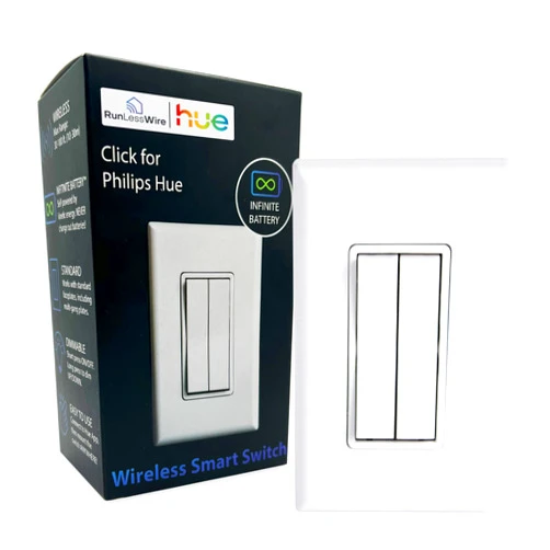 RunLessWire Click for Philips Hue – Battery-Free Wireless Smart Light Switch, 30ft Range – Works Natively with Philips Hue Bridge – Wall Mount Kinetic Switch - Decora Style, White