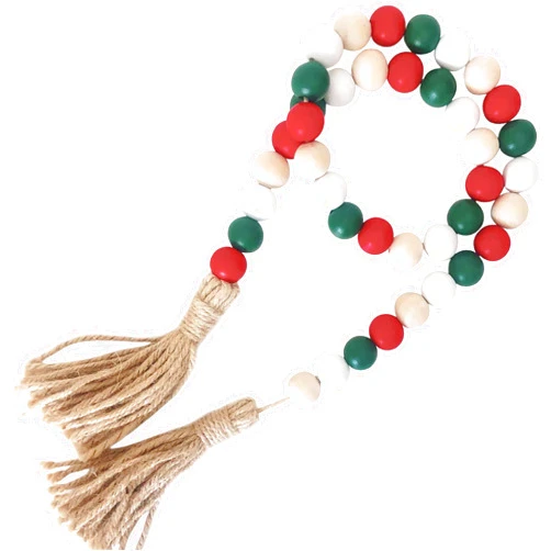 FOUNDATIONS DECOR Wood Bead Garland - Wooden Boho Bead Garland with Tassels - Boho Beads Home Decor for Shelf, Table, Wall & Mantel Styling - Colorful Decor Beads by Foundations Décor - Green, Red, White, Natural