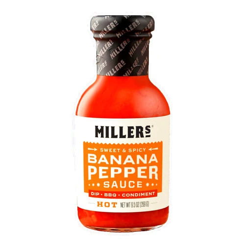Millers Miller's Mustard- Red Mustard Banana Pepper Hot Sauce, Sweet Spicy Banana Pepper Sauce - Best Use for Chicken Wing, Burgers, Sandwich 9.5 OZ