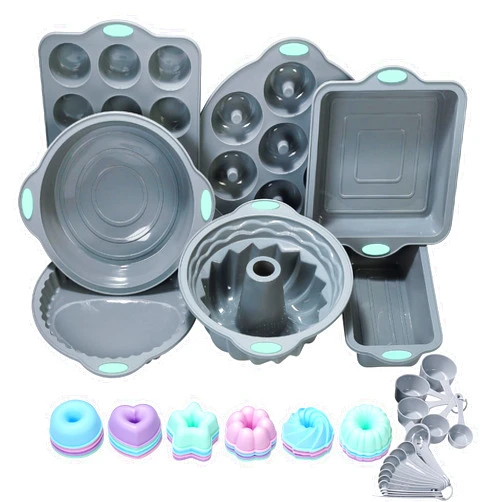 To encounter 31 Pieces Silicone Baking Pans Set, Nonstick Bakeware Sets, Non-Stick Silicone Molds, with Metal Reinforced Frame More Strength, Light Grey