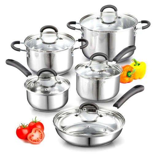 Cook N Home Stainless Steel Cookware Sets 10-Piece, Pots and Pans Kitchen Cooking Set with Stay-Cool Handles, Dishwasher Safe, Silver