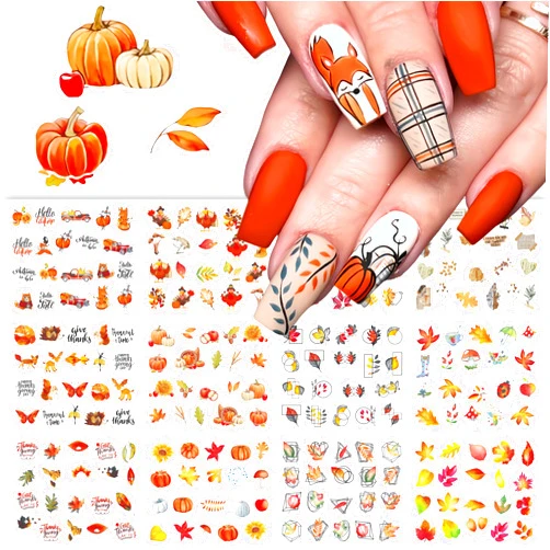 SHUXILIN 12Pcs Fall Nail Art Stickers, Autumn Nail Art Water Decals Transfer Nail Supplies Thanksgiving Cute Maple Leaves Turkeys Pumpkins Acrylic Nail Accessories Manicure DIY Nail Art Decoration for Women