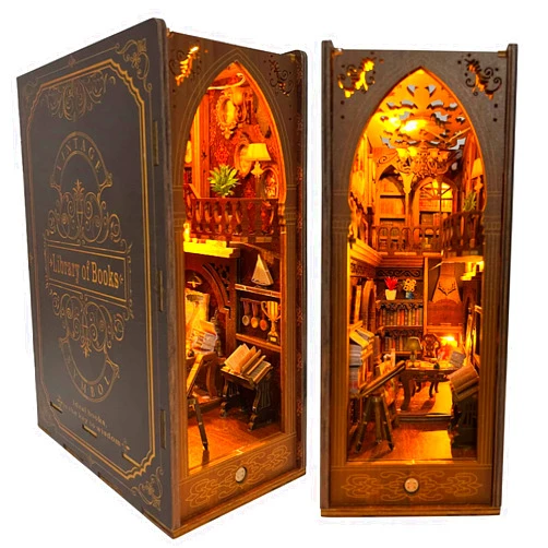 CRIOLPO Book Nook Kit - DIY Doll House Booknook, Book Nook Miniature Kit for Bookshelf Doll Houses for Adults Teen Halloween, 3D Wooden Puzzle Bookends with Sensor Led Light