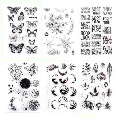 Muulaii 6 Sheets Clear Stamp Silicone Stamp Cards with Greeting Words, Flowers, Leaves, Butterflies, and Moons Pattern for Thanksgiving Christmas Holiday Card Making and DIY Scrapbooking Journaling