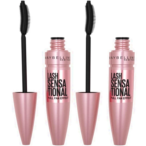 Maybelline Lash Sensational Washable Mascara, Lengthening and Volumizing for a Full Fan Effect, Blackest Black, 2 Count