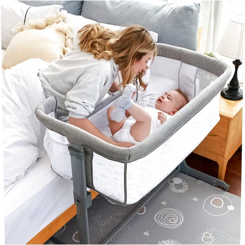 TCBunny 2-in-1 Baby Bassinet & Bedside Sleeper, Adjustable Portable Crib Bed for Infant/Newborn Baby, Grey (Mosquito Net Not Included)