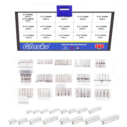 Glarks 140Pcs 8mm 10mm 12mm 16mm 20mm 25mm 30mm Key Stock Keystock Assortment kit, 16 Sizes 304 Stainless Steel Smooth Round Ended Feather Key Parallel Drive Shaft Keys Set