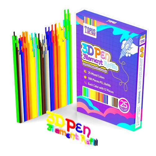 Topus 300Pcs 3D Pen Filament Refills Compatible with 3Doodler Start+ Pen, 25 Colors 3D Filament Bundle, 3D Pen Refill Sticks with 15cm x 12Pcs Per Color, Low Print Temperature PCL Filament 2.5mm Thick