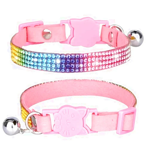 LKYADM Rhinestones Cat Collars,Kitten Necklace for Kitty Puppy Dog Breakaway with Bells Bling Pet Safety Collars Soft Velvet Collar Adjustable Length (Pink), 3/8 inch (1 cm) in width