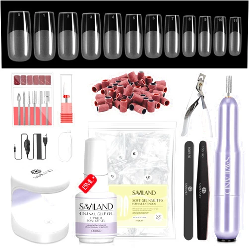 SAVILAND Square Gel X Nail Kit – Nail Kit with Nail Drill 500PCS Nail Tips Square 0.5Oz 4-in-1 Gel Nail Gel & U V/LED Nail Lamp Nail Art Design Acrylic Nail Kit Home Salon Starter Kit