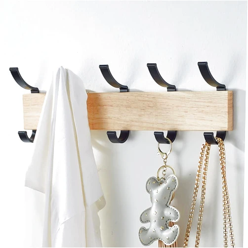 KooNiosio Solid Wood Wall Hanging Coat Rack, Entrance Hanger, Metal Wood Coat Hanger with 5 Black Aluminum Hooks for Scarf, Bag, Towel, Key, Umbrella, Hat, Oak (Black)