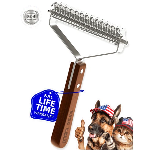 KIZO ESLO Extra Large 2-Sided Undercoat Rake for Dogs & Cats, Dog Brush for Shedding Remove Mats, Dematting Comb, Safe&Gentle Grooming Brush for German Shepherds Medium to Long-Haired Pets,Premium Wooden Handle