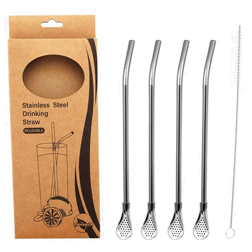 KINTEGOOD 4pcs Spoon Straws Stainless Steel With Filter Spoon, Drinking Spoon Straws Reusable Stainless Straws With Long Cleaning Brush, Suitable For Fruit Juice With Pulp, Watermelon, Milk Tea (Silver)