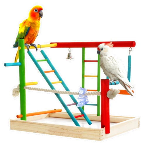 Navaris Wooden Parrot 2-Tier Playpen - Vibrant Budgie Playground with Parrot Stand Ladder Toys and Accessories - Bird Play Stand - Budgie Perch for Fun