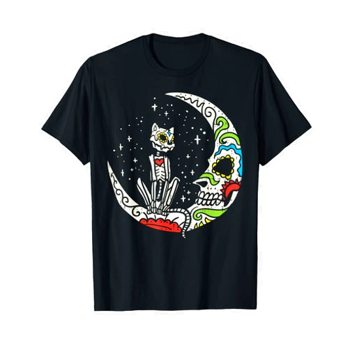 BoredKoalas Funny Halloween Costume Shirts Sugar Skull Cat Moon Dia De Los Muertos Halloween Costume T-Shirt