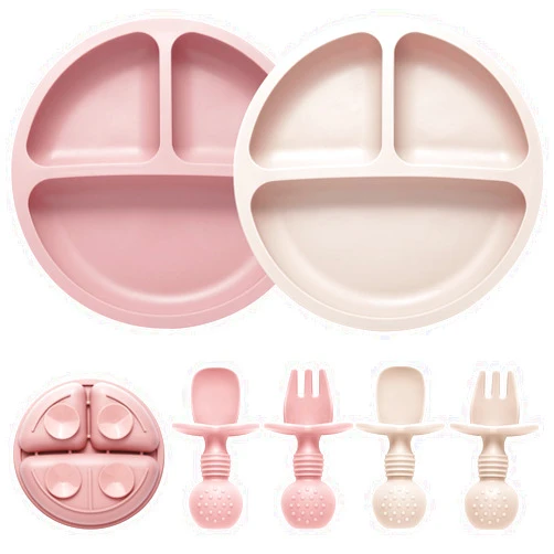 Eascrozn Silicone Feeding Set, 2 Pack Divided Toddler Plates with Suction, 2 Pack Utensils - Spoons & Forks, BPA Free, Baby Led Weaning Supplies