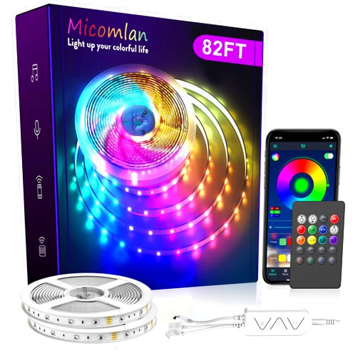 Micomlan 82Ft/25m LED Strip Lights, Music Sync Color Changing RGB LED Strip Built-in Mic, Bluetooth APP Controlled Home Lighting for Living Room Kitchen (APP+Remote+Mic+Music)