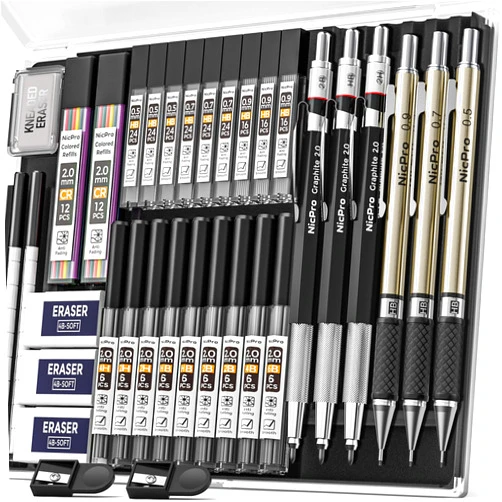Nicpro 35PCS Art Mechanical Pencil Set, 3 PCS Metal Drafting Pencil 0.5 mm & 0.7 mm & 0.9 mm & 3 PCS 2mm Lead Holder (6B 4B 2B HB 2H 4H Colors) For Sketching Drawing With 20 Tube Lead Refills Case