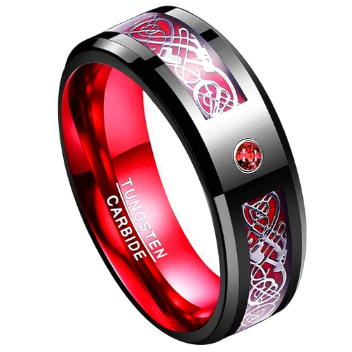 TUNGSTORY Mens Tungsten Wedding Bands - 8mm Celtic Dragon Ring Black and Red Ring with Carbon Fiber and CZ Inlay Beveled Edges Comfort Fit Size 6-16