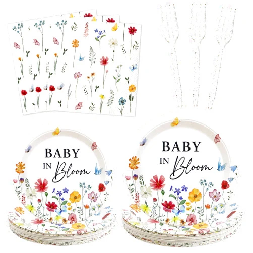 Heboland 100 Pieces Baby in Bloom Baby Shower Decorations Dinnerware Set for 25 Guests, Wildflower Baby in Bloom Paper Plates Napkins Forks for Girls