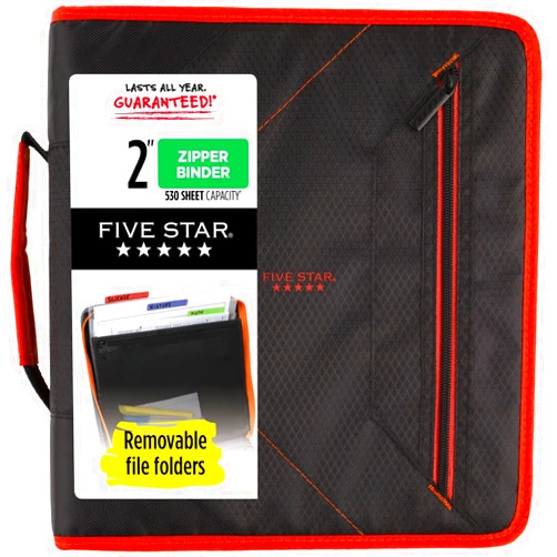 Five Star Zipper Binder, 2 Inch 3-Ring Binder with Removable File Folders, 380 Sheet Capacity, Red/Black (29036CE8)