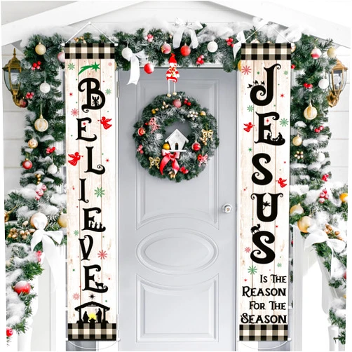 Tiamon Christmas Jesus Door Banner Porch Sign Jesus Is the Reason for the Season Religious Hanging Decorations Xmas Nativity Scene Black White Buffalo Plaid Banner Flag for Holiday Home Outdoor Wall