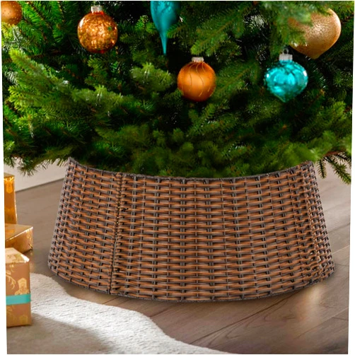 SUNNYPARK Christmas Tree Collar, 23'' D Handmade Artificial Rattan Wicker Christmas Stand Tree Collar Basket Base Cover for Holiday Decoration-Round Brown …