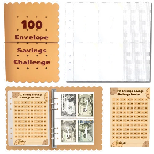 Arrebol 100 Savings Challenges Book with Envelopes, A5 Cute Cookie Shape 100 Envelope Savings Challenge Binder with Laminated Tracker, 100 Envelopes Money Saving Challenge Book to Save $5,050
