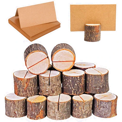 WOHENI Place Card Holders, 20 Pcs Place Rustic Wooden Card Holders Table Number Stands for Name Tags Food Markers Party Wedding Table Name Card Holder Memo Photo Holder Card and 30 Pcs Kraft