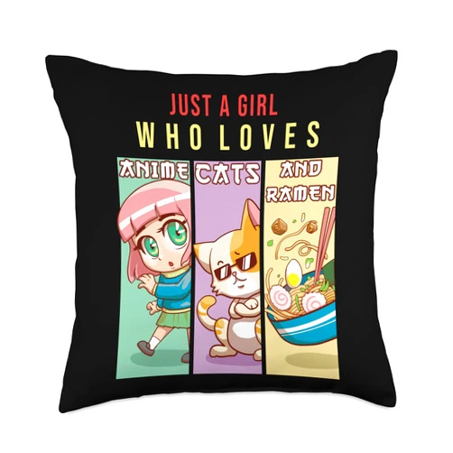 Cute Kawaii Japan Funny Foodie Cuisine Culture Fan Just A Girl Who Love Anime Cats & Ramen Japanese Otaku Nerd Throw Pillow, 18x18, Multicolor
