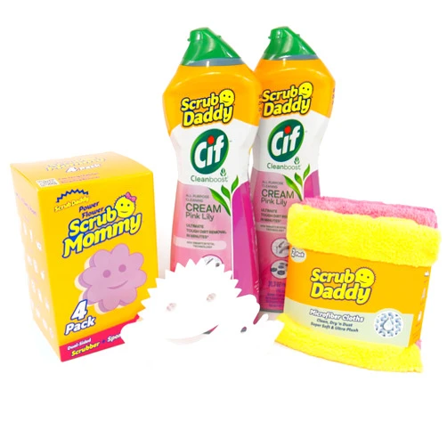 Scrub Daddy Cleaning Supplies Kit - Cif Floral Bundle - Includes Scrub Mommy Dish Sponges, Microfiber Towels, Kitchen Sink Caddy & Cif Cream All Purpose Cleaner, Pink Lilly (9 Count)