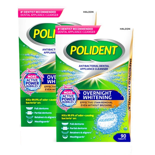 Polident Overnight Whitening Antibacterial Dental Appliance Cleanser Tablets, 90 Count (2 Pack)
