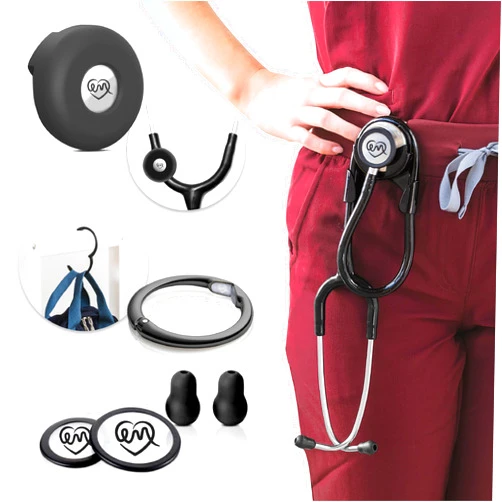 MotivatEM Stethoscope Holder Kit – Hip Clip with Rotating Clip for Neck Pain Relief + 3 BONUSES: Stethoscope AirTag Holder, Stethoscope Replacement Covers/Ear Pieces (Classic III & IV), and Bag Hanger