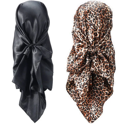 SATINIOR 35 Inch Silk Head Scarf 2 Pcs Large Square Neck Scarf Sleeping Hair Wrapping Satin Scarf for Women (Black, Leopard Print)