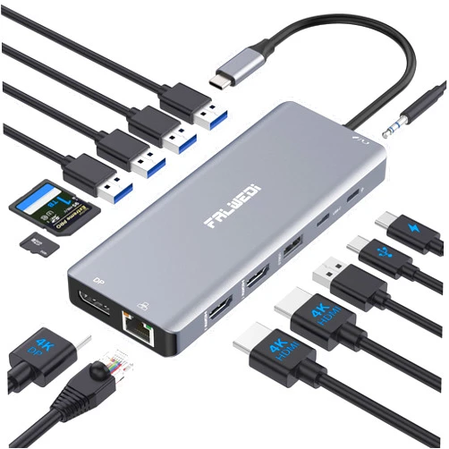 FALWEDI USB C Laptop Docking Station Dual Monitor, 14 in 1 USB C Hub Multiport Adapter Dongle with 2 HDMI, DisplayPort, RJ45, SD/TF, USB C/A Ports, PD, Mic/Audio, Compatible for MacBook Dell HP Lenove