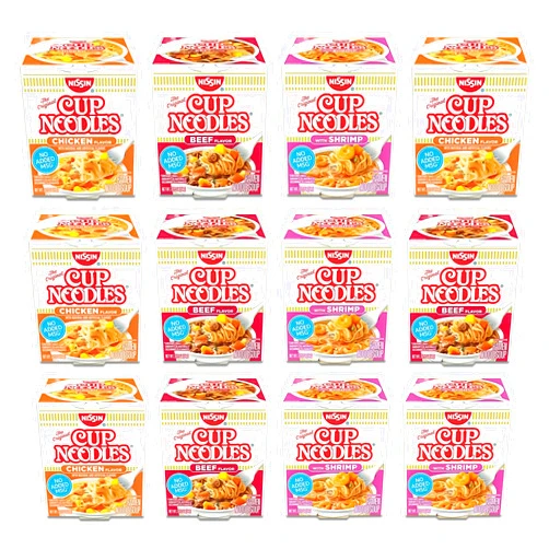 Nissin Cup O Noodles Variety 12 Pack, 2.25-Ounce, Beef, Chicken and Shrimp