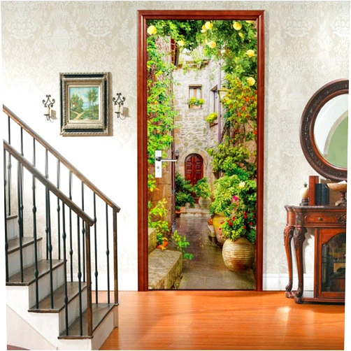 A.Monamour 3D Door Stickers for Interior Doors Italian Courtyard Old Stone House Entrance with Green Plants and Flowers Vinyl Waterproof Self Adhesive Door Mural Decals for Bedroom Office 77 x 200 cm