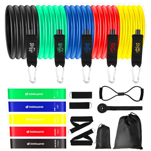Odoland 16pcs Resistance Bands Set, Exercise Workout Bands with Handles, Resistance Loop Bands, Core Sliders, Ankle Straps, Door Anchor for Home Gym Training, Physical Therapy, Fitness