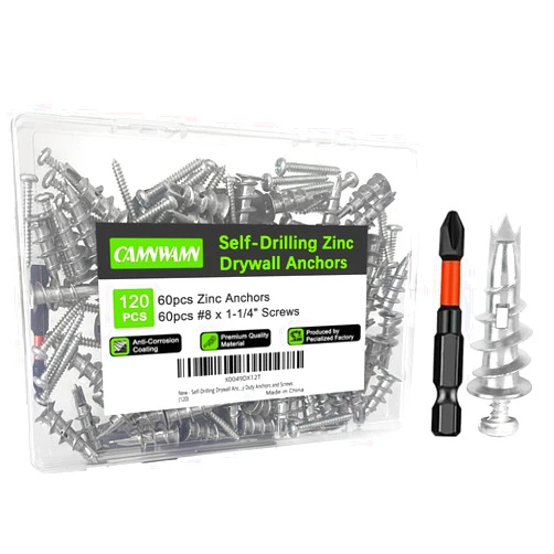CAMNWAMN 120pcs #8 Zinc Self-Drilling Drywall Anchors, Hollow Metal Wall Anchors and Screws Kit with Cross Groove Drill Bit, 60pcs Heavy Duty Anchors 60pcs #8 x 1-1/4