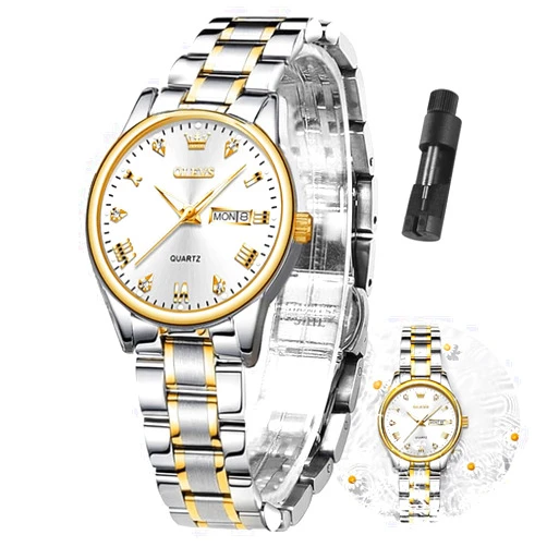OLEVS Gold Watches for Women Classic Stainless Steel Waterproof Womens Wrist Watch Small Face Ladies Watches with Day Date Analog Quartz Dress Women's Watch Casual Gold Silver Black Dial Female Watch