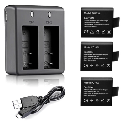 VVHOOY 3 x 1050mAh Rechargeable Action Camera Battery with USB Dual Charger Compatible with AKASO EK7000/Brave 4/V50X/Apexcam/VEMONT/Dragon Touch Vision 3/REMALI CaptureCam/Jadfezy Action Camera