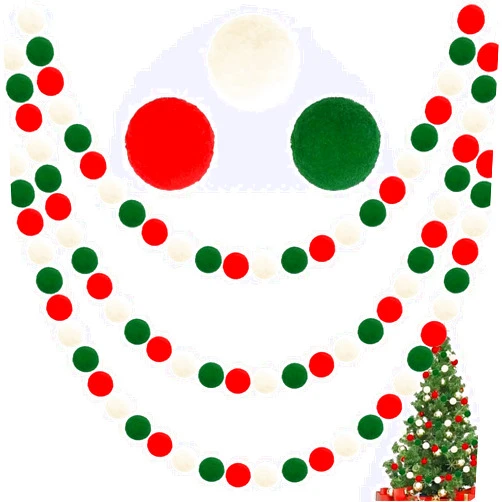YsesoAi 3Pieces Wool Felt Ball Garland Colorful Pom Pom Garland Handmade 9.84 Feet Long 30 Balls Felt Ball Garlands for Wall Christmas Tree Decorations (Christmas Color)