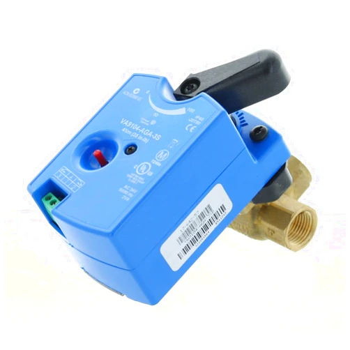 Johnson Controls Model VG1841AD Three-Way Plated Brass Trim NPT End Connections Ball Valve with Model VA9104-AGA-3S Non-Spring-Return Electric Actuator