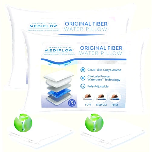 Mediflow Fiber Water Pillow - Adjustable Pillow for Neck Pain Relief, Pillow for Side, Back, and Stomach Sleepers, The Original Inventor of The Water Pillow (2 Pillows, 2 Aloe Vera Pillow Covers)