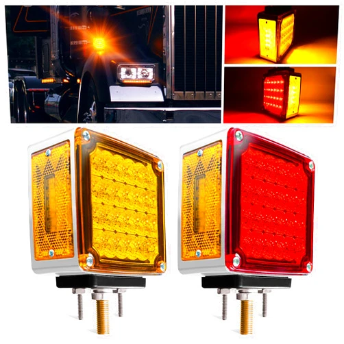 Plorx Amber/Red 60 LED Square Double Face turn signal lights, Truck fender Pedestal light Replacement for Kenworth/Peterbilt/Freightliner, Dual Studs Set of 2