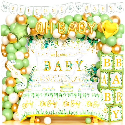 Hombae 137 PCs Sage Green Baby Shower Decorations, Hombae Green Gold Safari Neutral Greenery Baby Shower Decorations Backdrop Balloon Garland Banner Tablecloth Cake Cupcake Topper Box Mommy To Be Sash