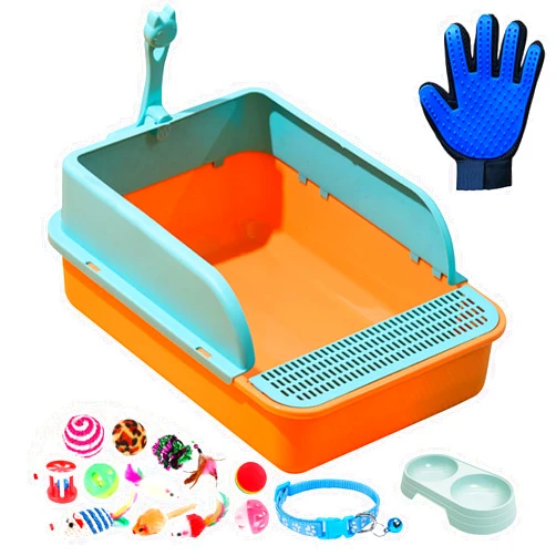 BNOSDM Sifting Litter Box Open Cat Litter Box with High Sides Detachable Kitten Toilet Semi-Enclosed Litter Tray Pan with 16 Piece Kitten Starter Kit for Small Cat Kitty, Orange