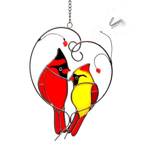 Andvon Cardinal Suncatchers Stained Glass for Windows Hangings,Male & Female Cardinal Stained Glass Sun Catchers, Red Love Birds Home Ornament,Gifts for Women