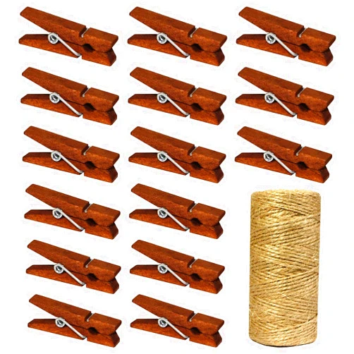 Millennial Essentials Mini Natural Wooden Clothespins with Jute Twine, 100pcs, 1.4 Inch Photo Paper Peg Pin Craft Clips with 320ft Natural Twine for Scrapbooking, Arts & Crafts, Hanging Photos (Rustic Brown)