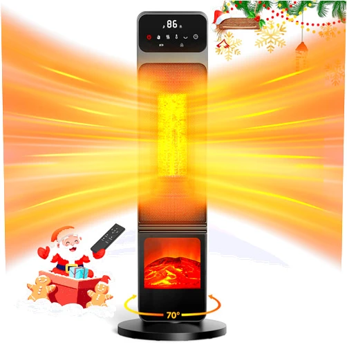 Riseon Space Heater, 1500W Electric Fireplace Heaters Indoor Portable with Child Lock & ECO Mode, PTC Ceramic, 3D Flame, 12H Timer, Remote Control, 70° Oscillation, Heating & Fan Modes for Home & Office